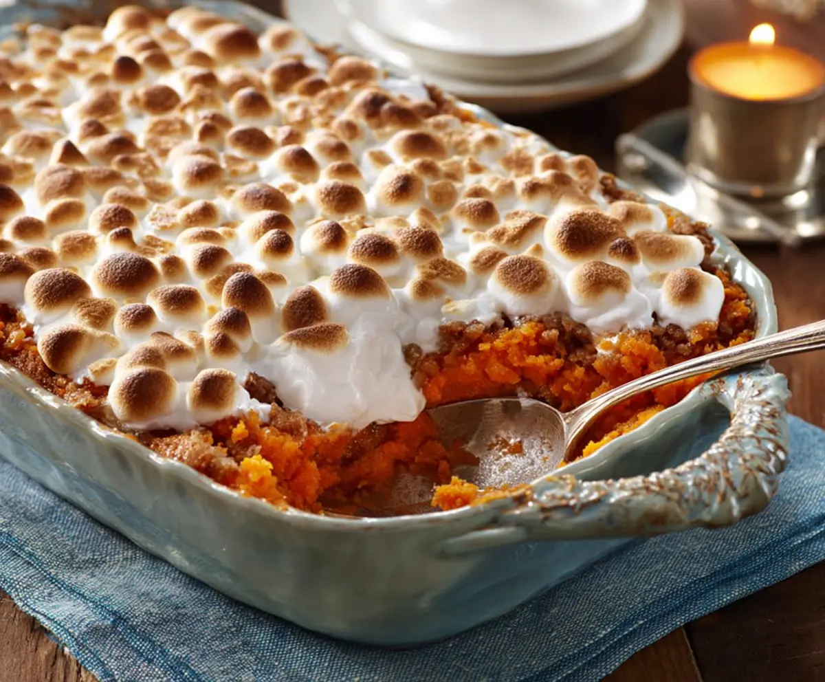 Delicious sweet potato casserole topped with marshmallows and pecans, served hot on a festive plate.
