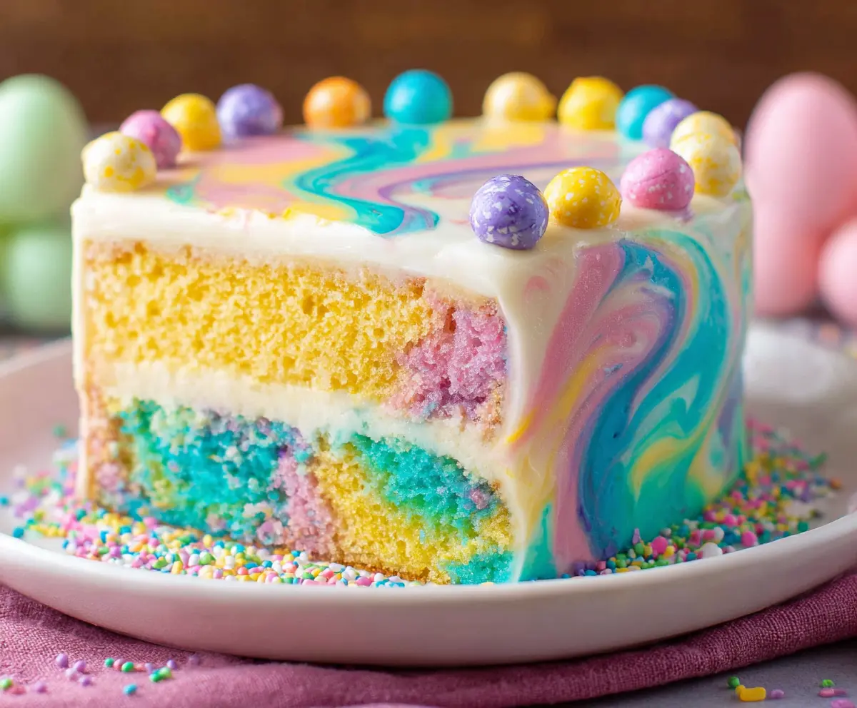 Colorful swirled Easter cake with festive icing and sprinkles, perfect for celebrating spring holidays.