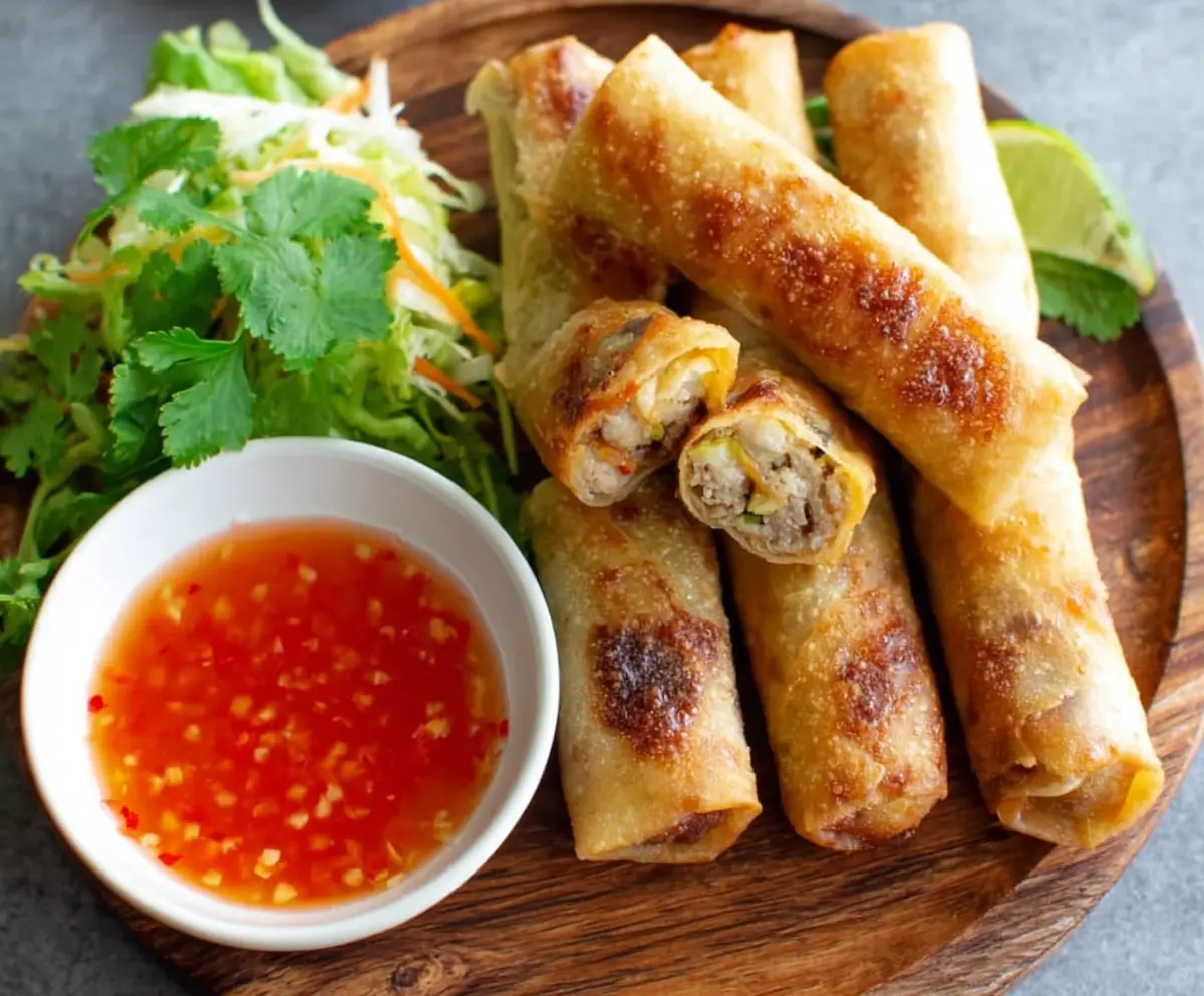 Fresh Thai chicken spring rolls served with sweet chili sauce on a white plate.