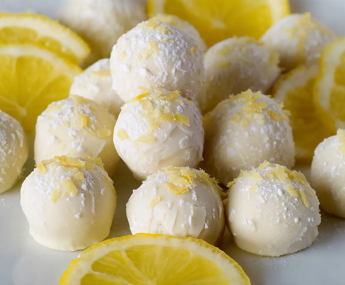 Delicious white chocolate lemon truffles on a decorative platter, perfect for dessert lovers.