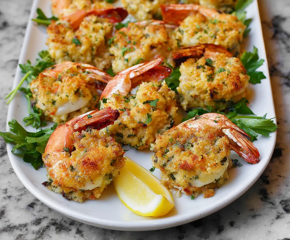 Delicious baked stuffed shrimp garnished with fresh herbs on a white plate