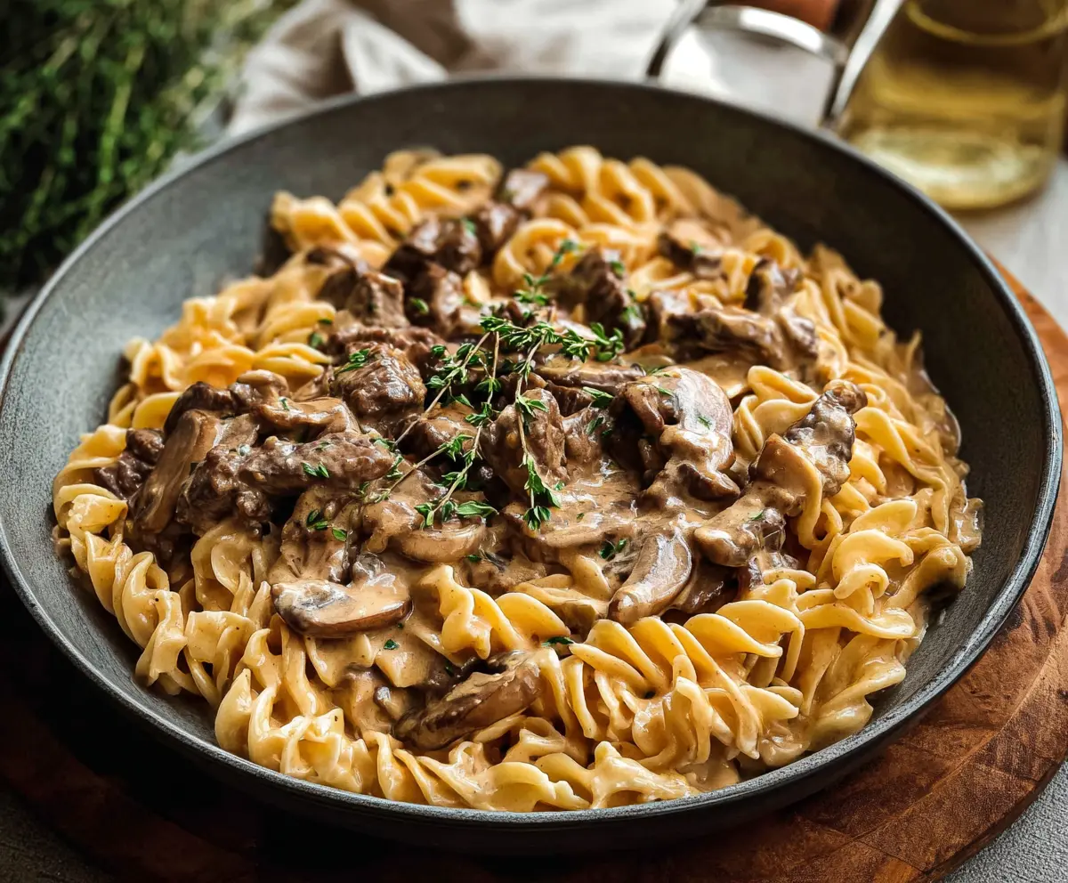 Savory Beef Stroganoff served over creamy pasta with mushrooms and herbs.