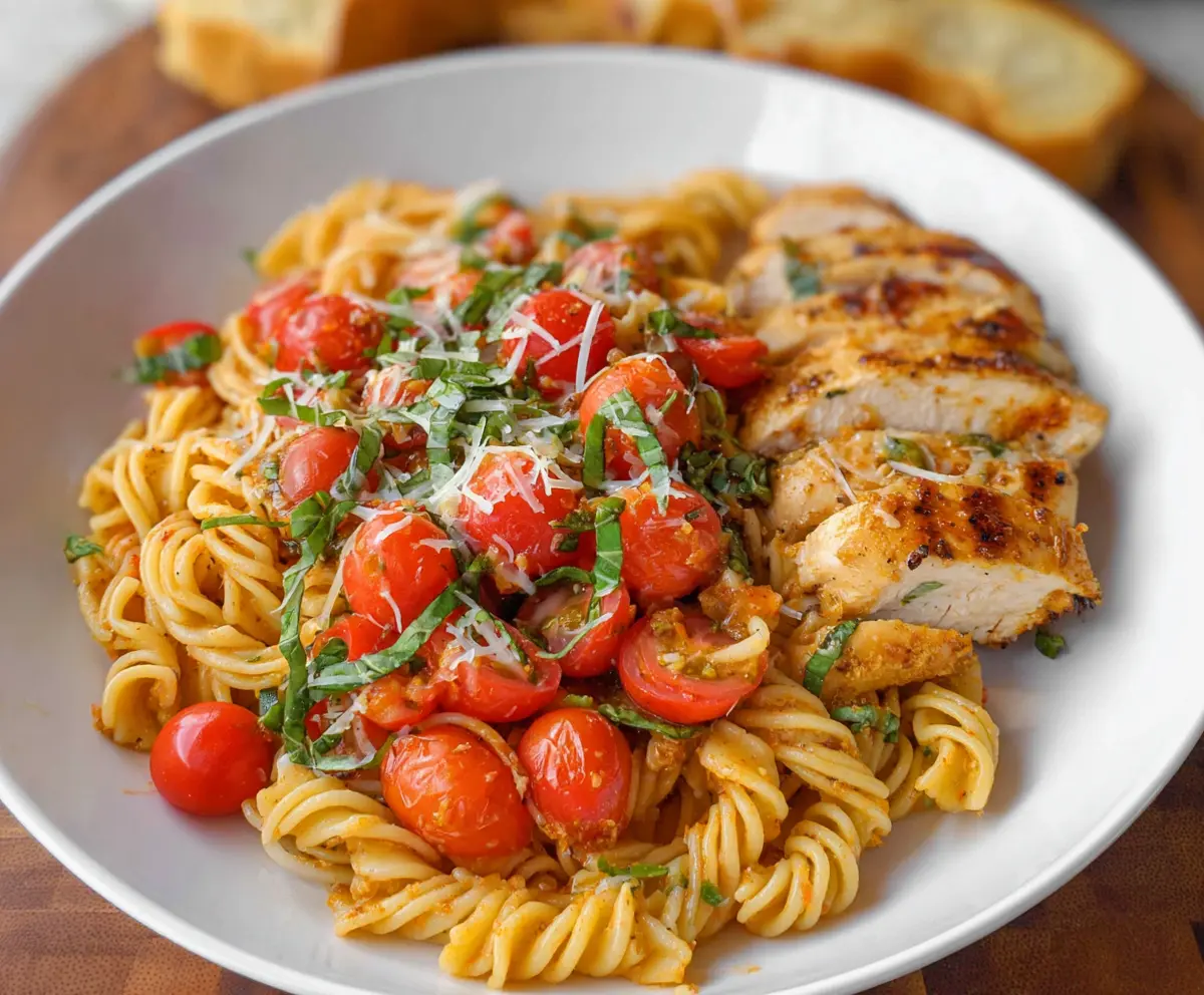 Delicious Bruschetta Chicken Pasta with fresh tomatoes, herbs, and melted cheese on a plate.