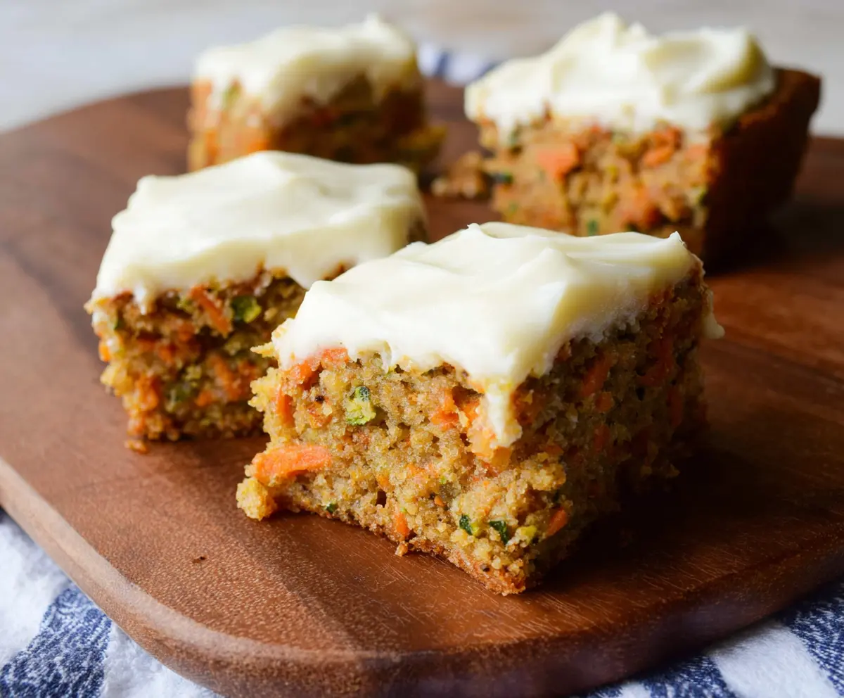 Delicious Carrot and Zucchini Bars topped with Citrus Cream Cheese Frosting, perfect for a healthy dessert