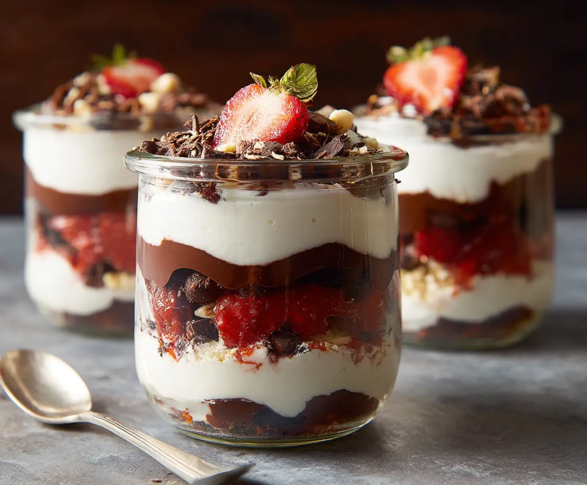 Layered chocolate and strawberry parfaits in a glass dessert cup, perfect for a sweet treat.