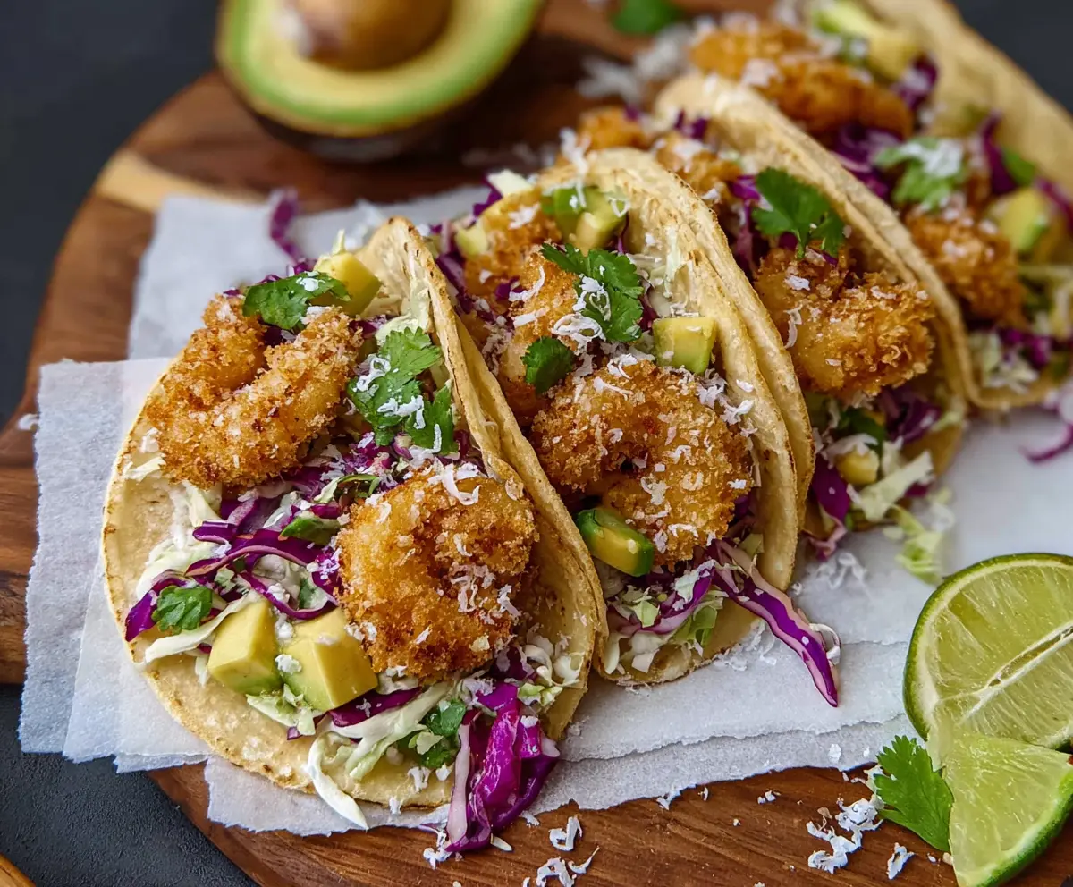 Delicious coconut shrimp tacos garnished with fresh herbs and lime slices on a white plate.