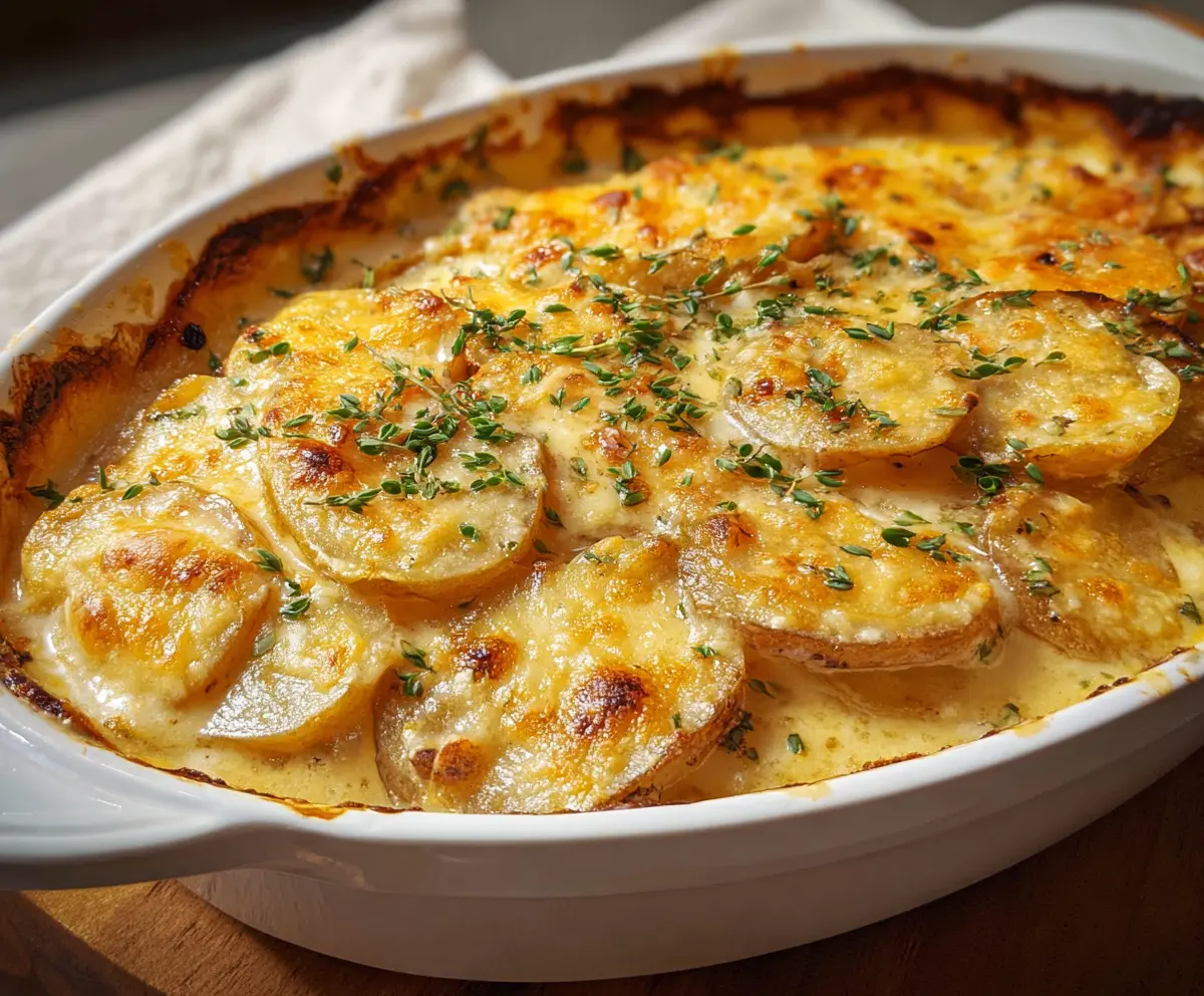 Creamy Au Gratin Potatoes with melted cheese and golden crust, served as a comforting side dish.