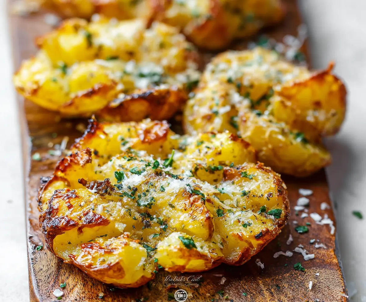 Golden crispy garlic butter Parmesan smashed potatoes topped with fresh herbs on a rustic plate.