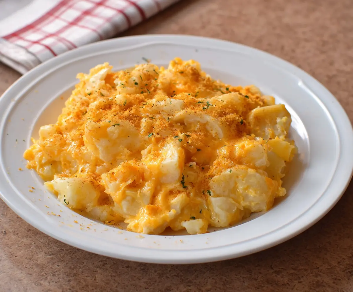 Delicious crockpot cheesy potatoes garnished with fresh herbs, perfect for a comforting meal.