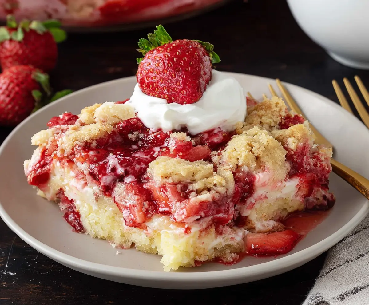 Delicious Easter Strawberry Cheesecake Dump Cake with fresh strawberries and creamy cheesecake topping.