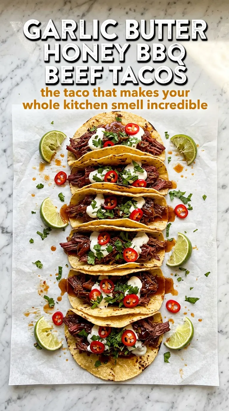 Garlic Butter Honey BBQ Beef Tacos glossy beef, caramelized glaze, fresh cilantro