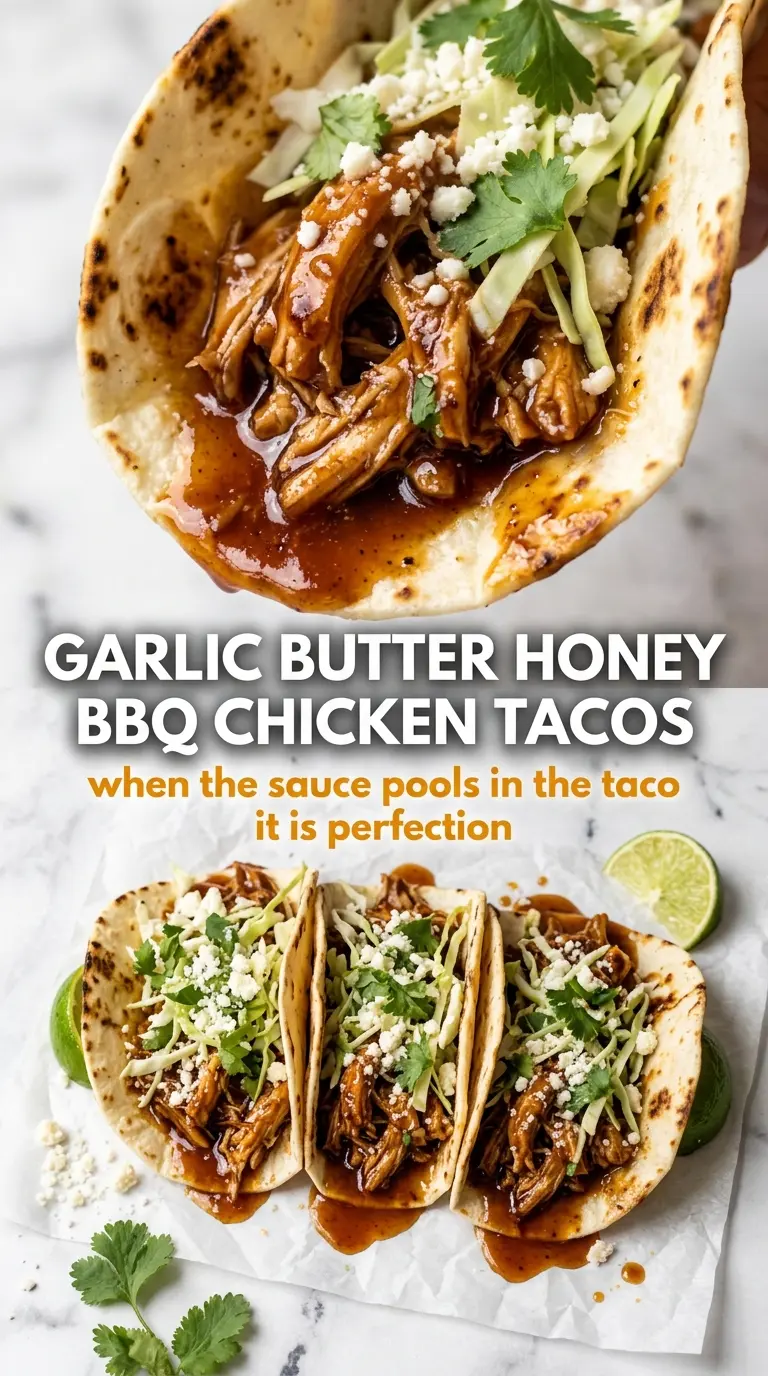 Garlic Butter Honey BBQ Chicken Tacos glossy caramelized chicken
