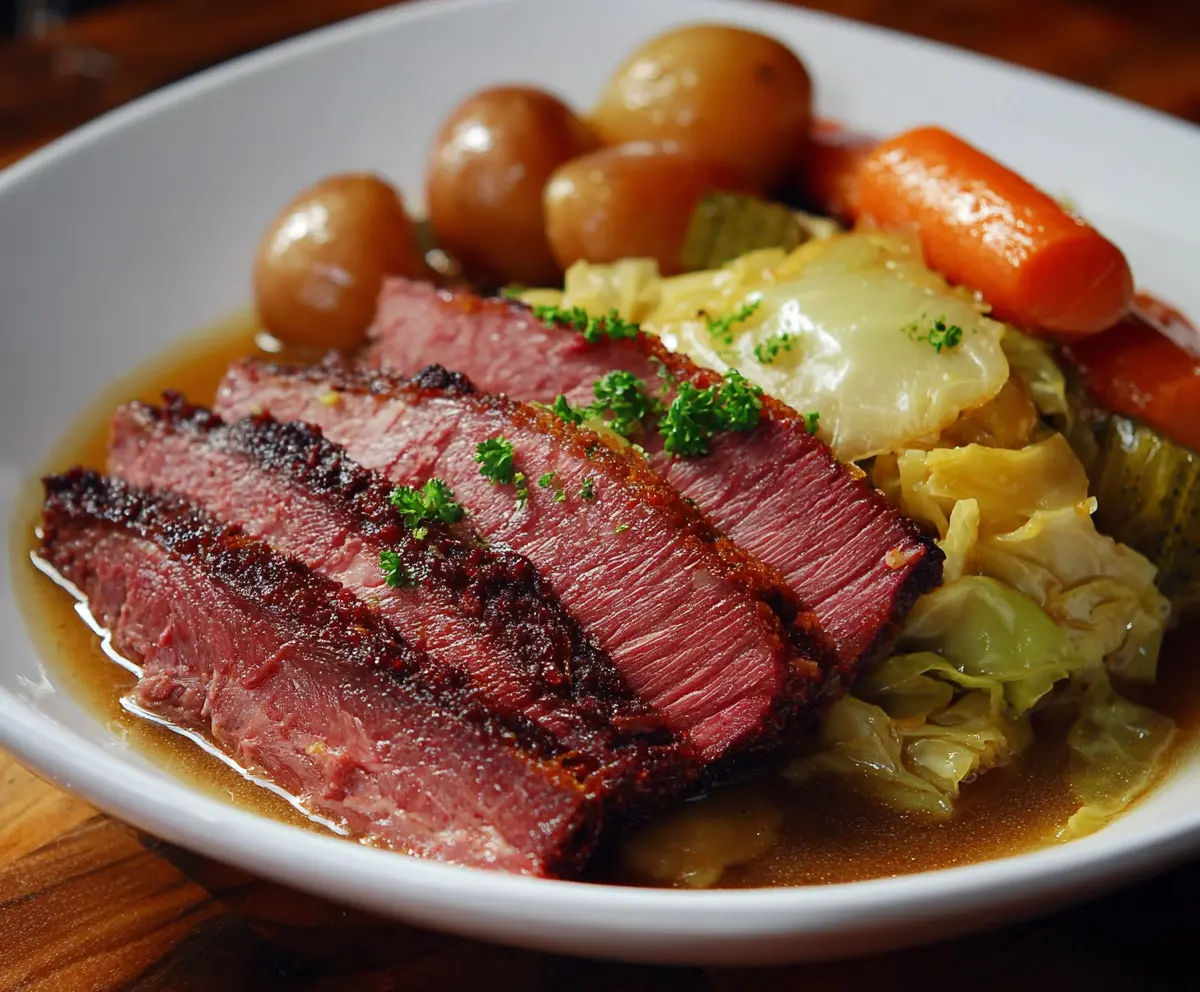 Delicious Guinness braised corned beef with tender cabbage and carrots on a rustic plate