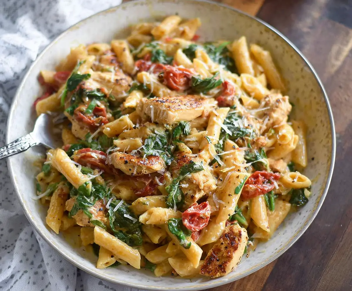 Creamy One Pot Tuscan Chicken Pasta with cherry tomatoes and spinach in a skillet
