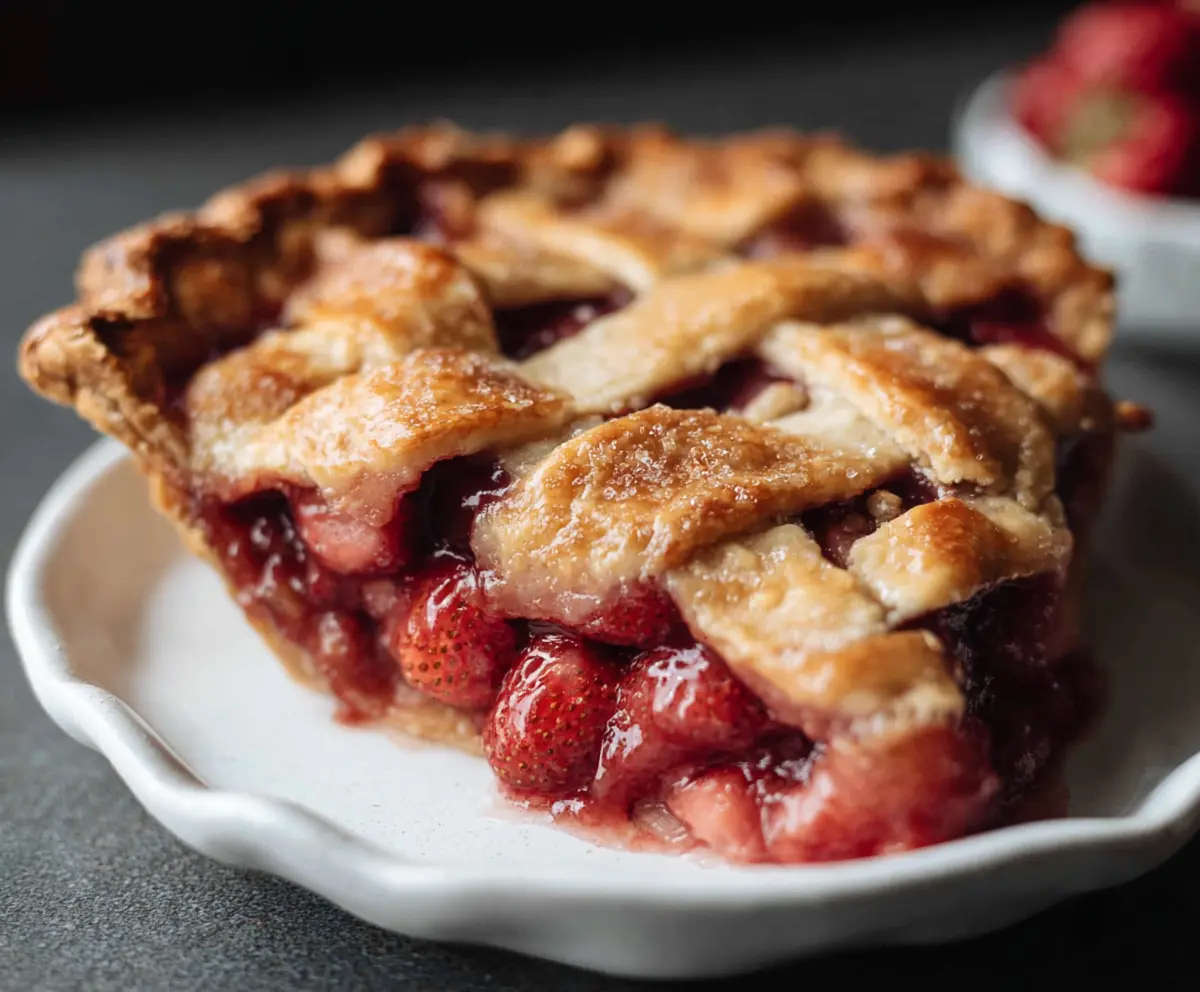 Delicious rhubarb and strawberry pie with a golden crust, perfect for dessert or special occasions.