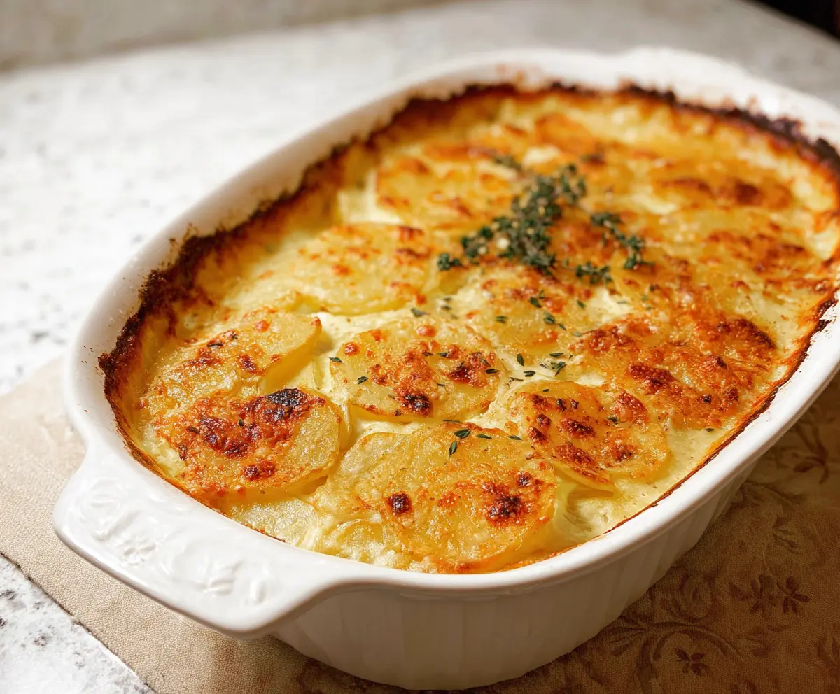 Creamy scalloped potatoes baked to perfection with golden cheese topping.