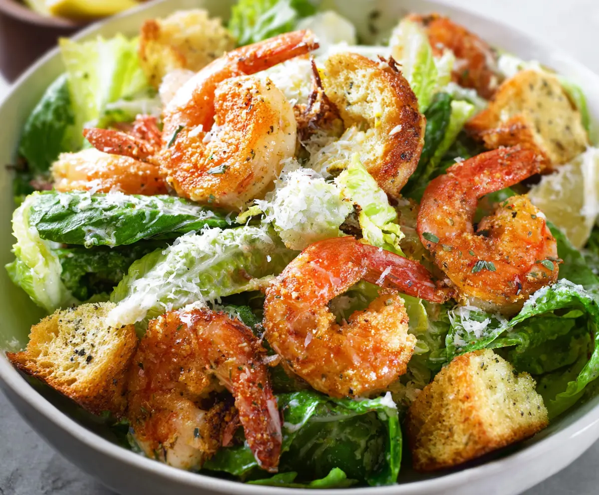 Delicious Shrimp Caesar Salad with fresh greens, grilled shrimp, and creamy Caesar dressing.