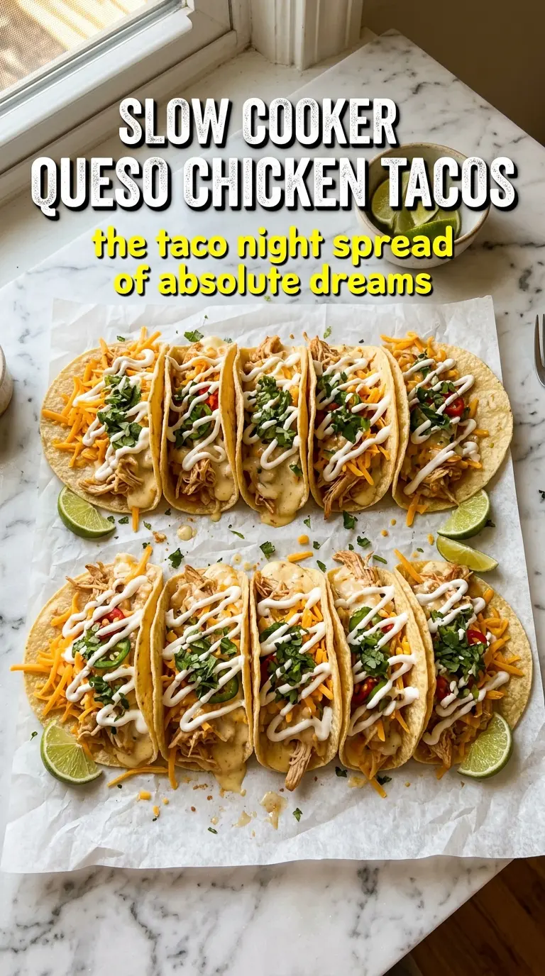 Slow Cooker Queso Chicken Tacos creamy shredded chicken tacos
