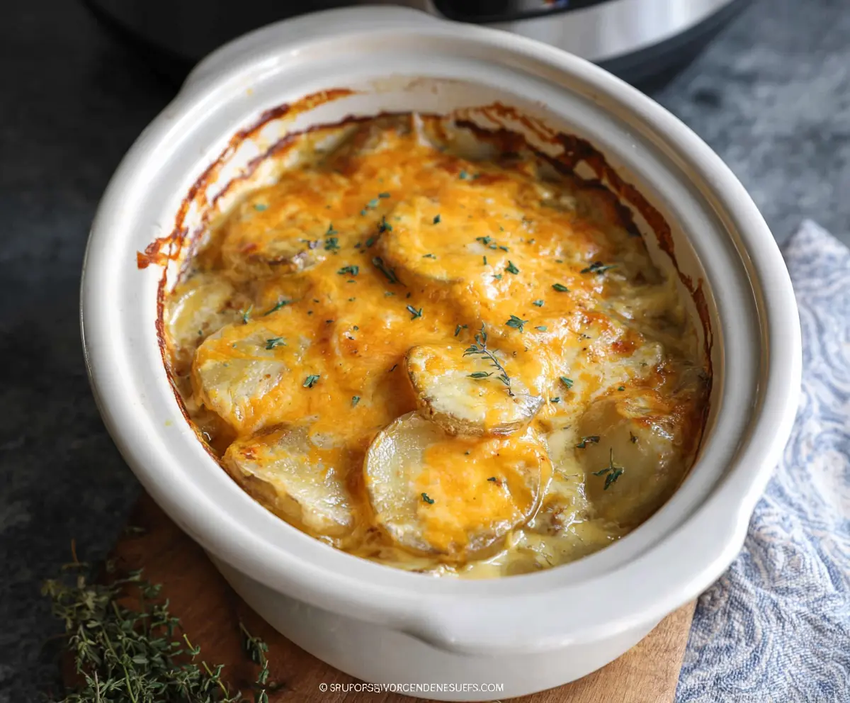 Creamy slow cooker scalloped potatoes with cheese and herbs ready to serve.