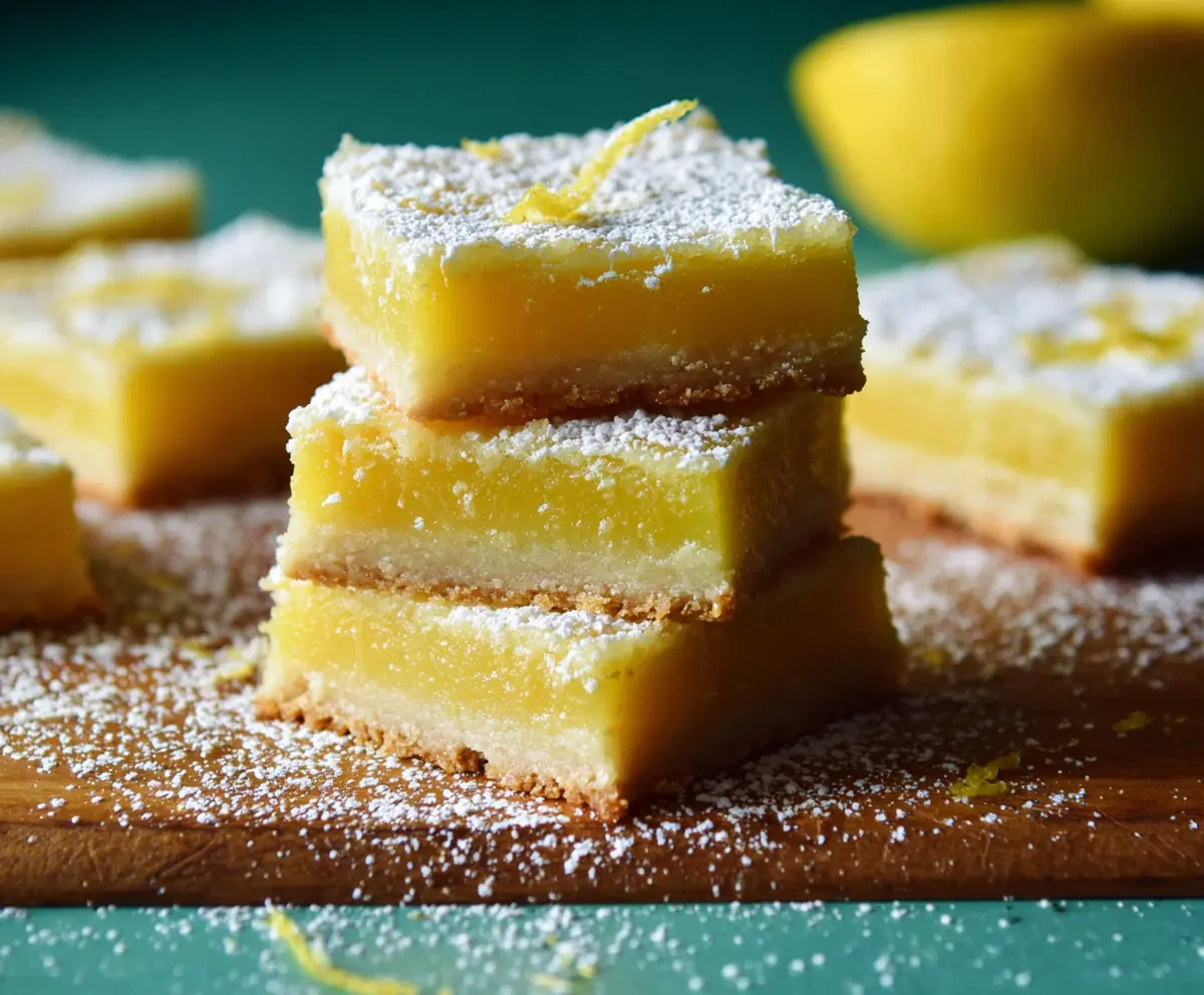 Freshly baked spring lemon bars with powdered sugar topping on a white plate