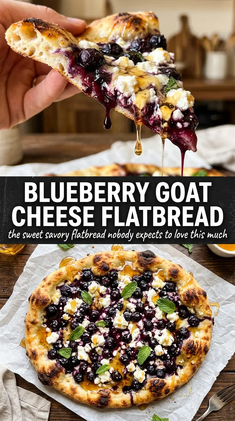 Blueberry goat cheese flatbread with mint and honey, rustic, sweet-savory