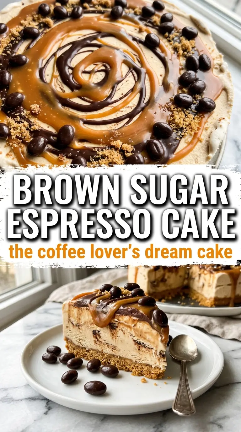 Brown Sugar Espresso Ice Cream Cake with caramel drizzle, cinnamon, and creamy layers