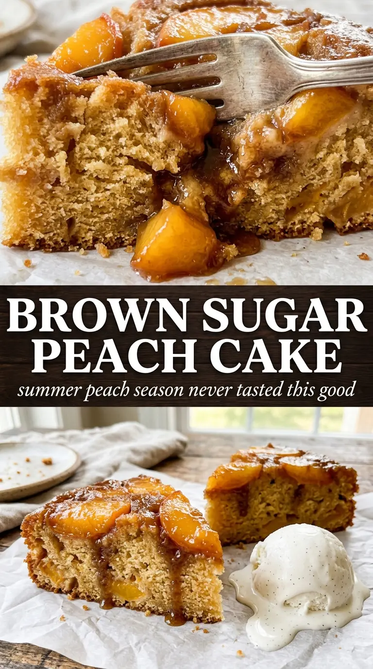 Brown Sugar Peach Cake with caramel frosting and fresh peaches