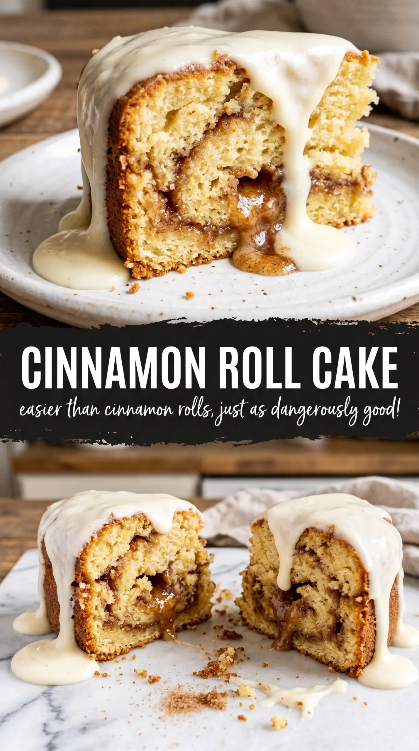 Cinnamon Roll Cake with cream cheese glaze, cinnamon swirls, breakfast cake