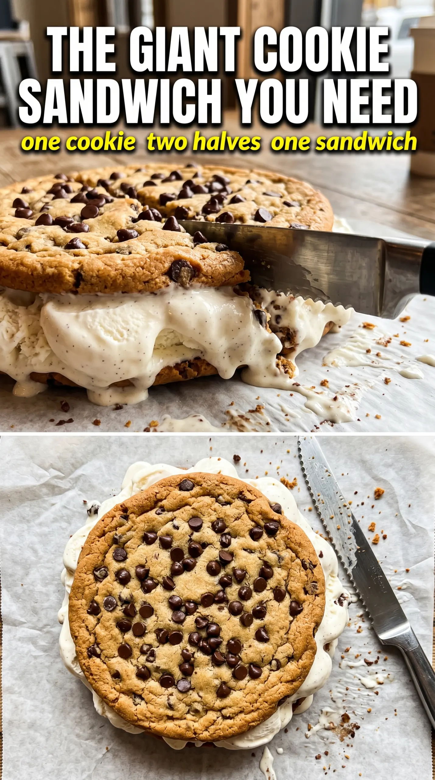 Giant Cookie Ice Cream Sandwiches chocolate chip vanilla frozen dessert