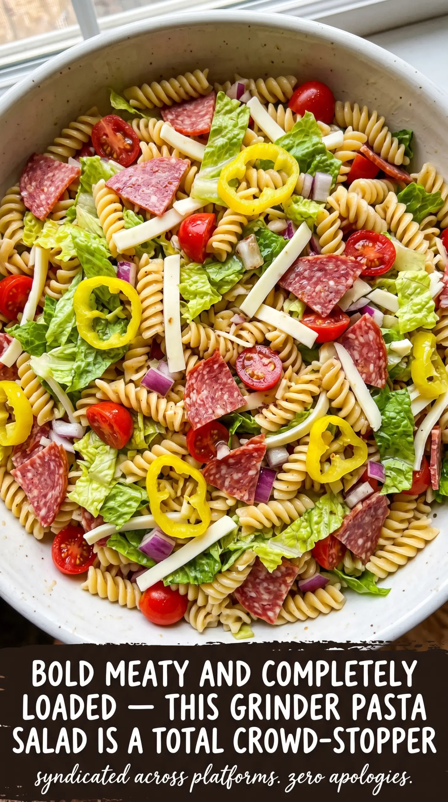 Grinder Pasta Salad with Italian meats, cheese, and banana peppers
