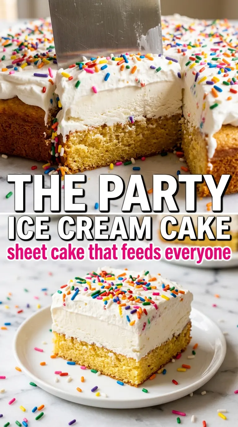 Ice Cream Sheet Cake with Oreo crust, whipped topping, colorful sprinkles