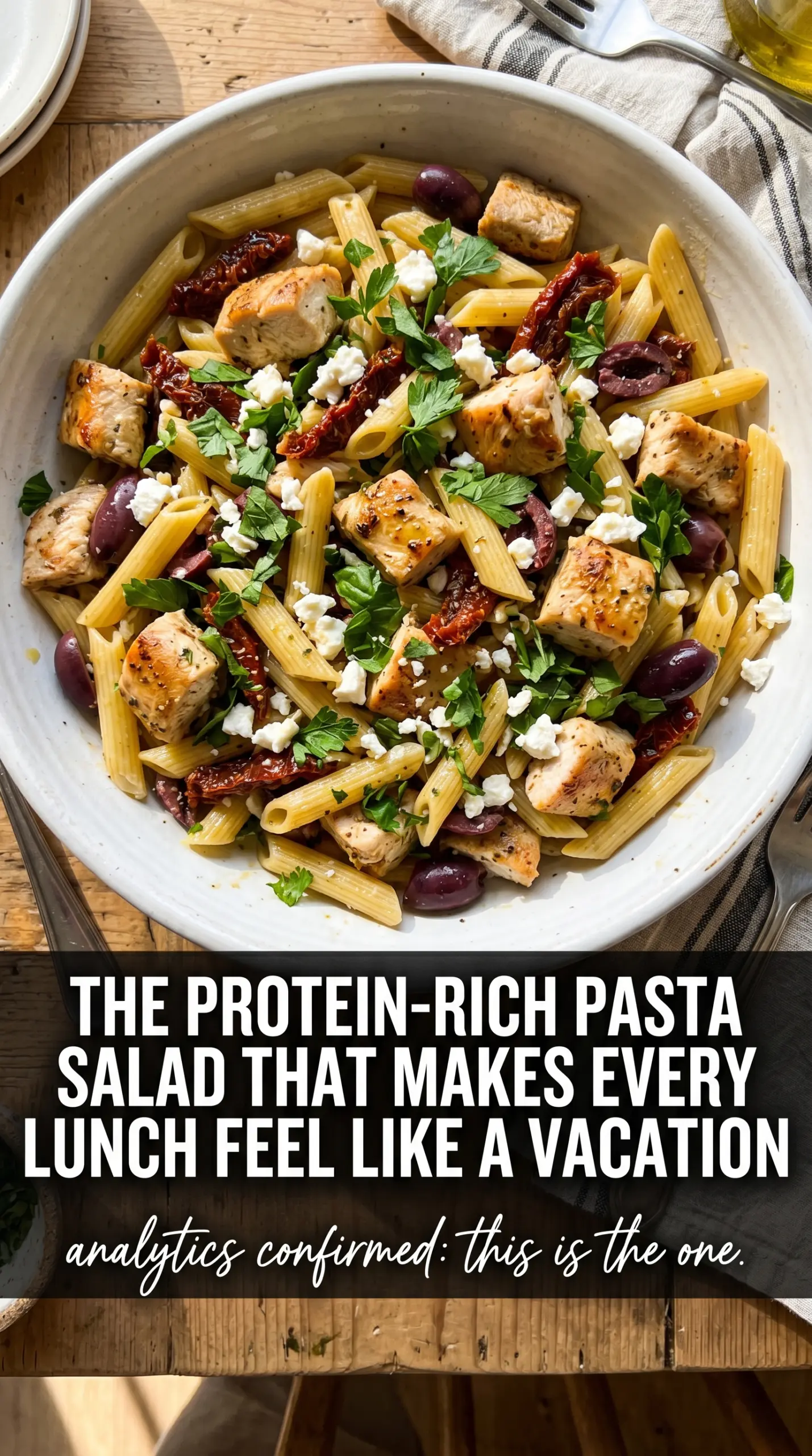 Mediterranean Chicken Pasta Salad with grilled chicken, feta, olives