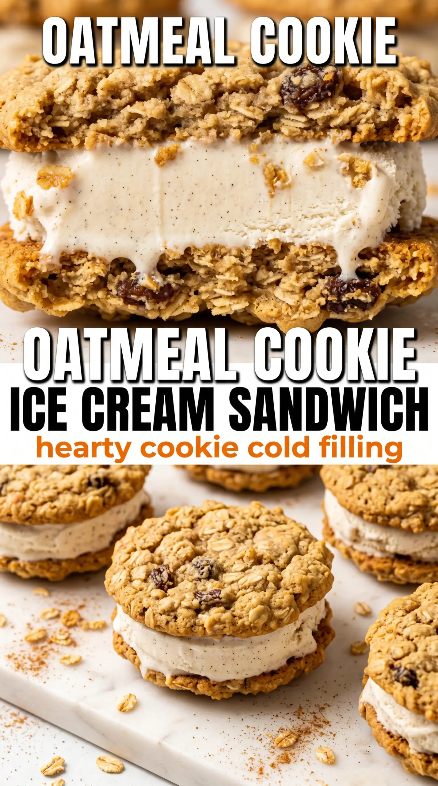 Oatmeal Cookie Ice Cream Sandwiches chewy cinnamon-oat, frosty layers
