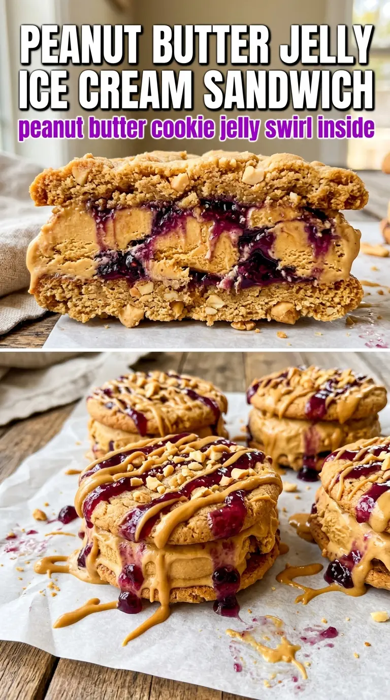 Peanut Butter and Jelly Ice Cream Sandwiches thick, swirled, nostalgic
