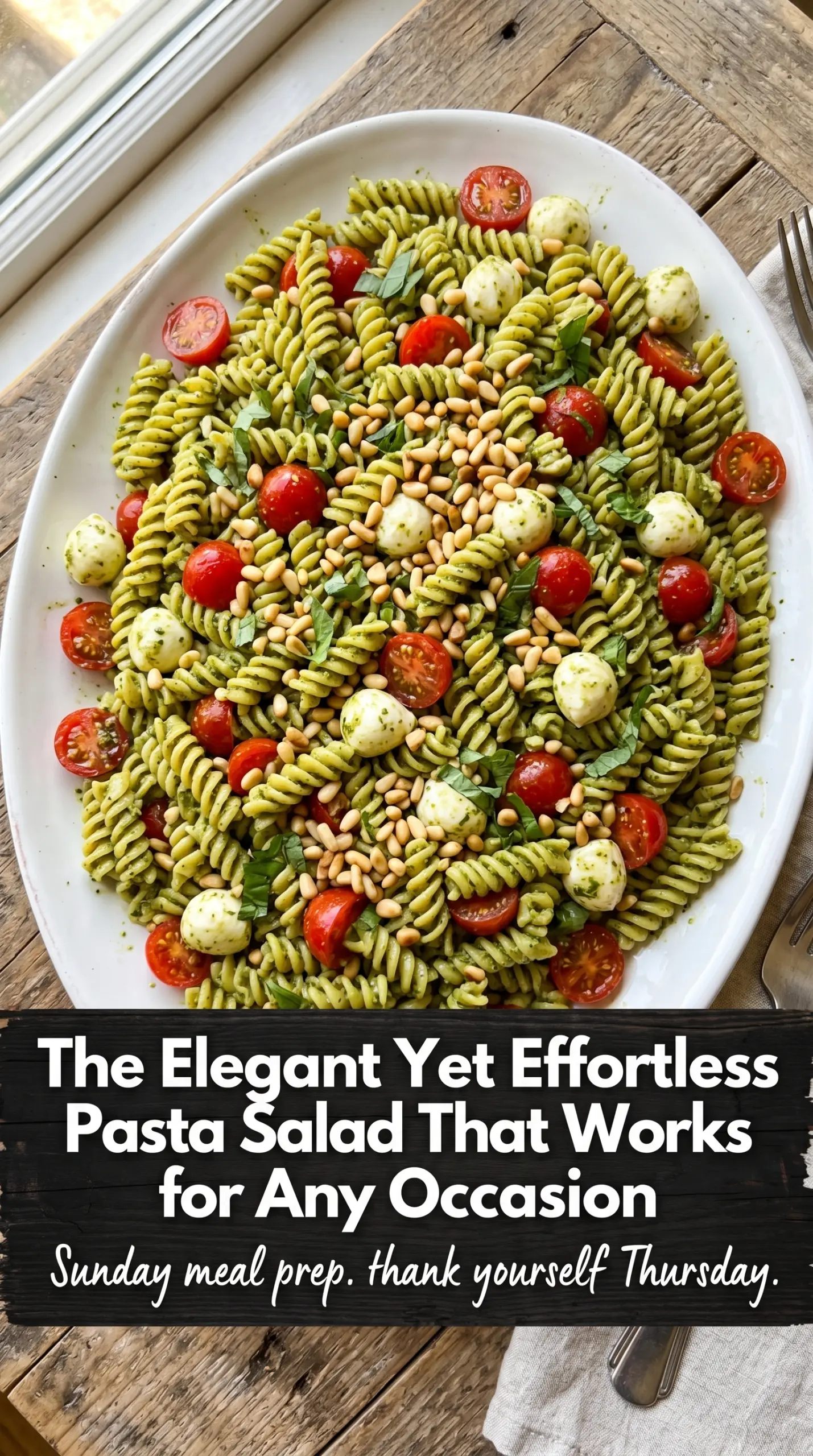Pesto pasta salad vibrant basil tomatoes mozzarella