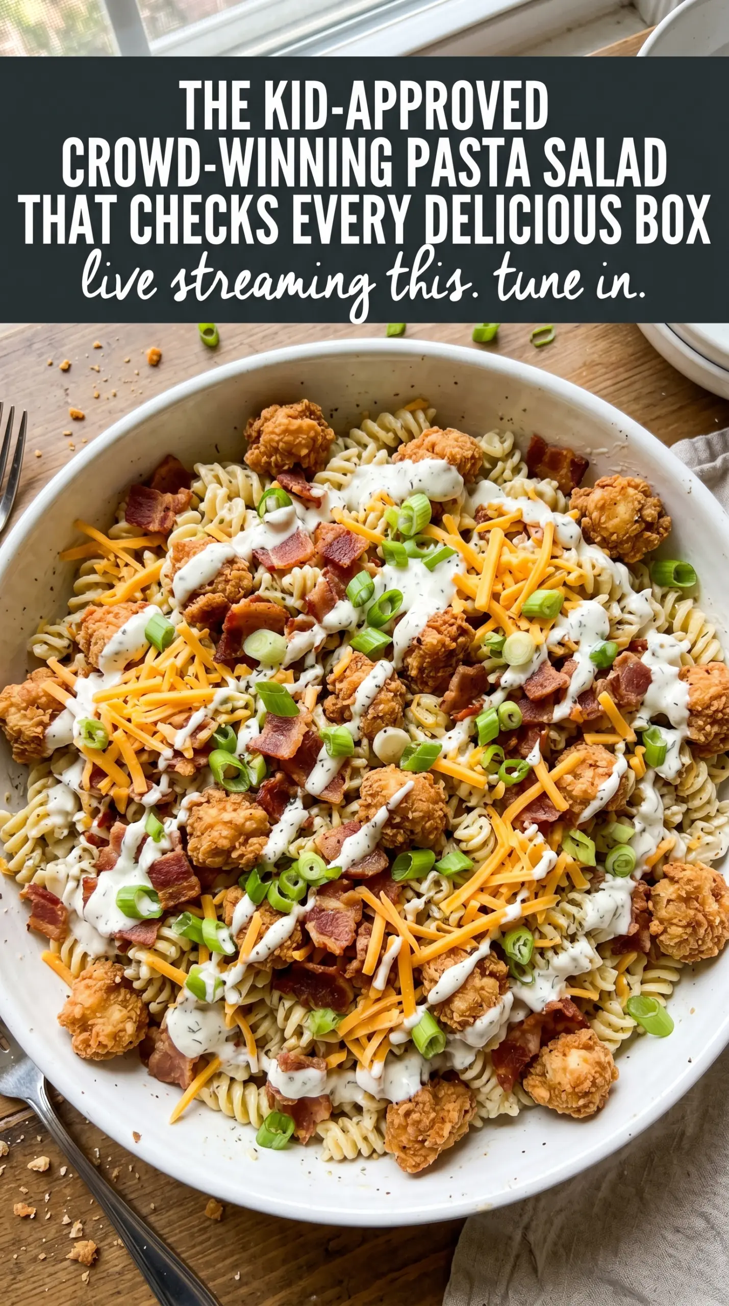 Popcorn Chicken Bacon Ranch Pasta Salad crispy creamy hearty