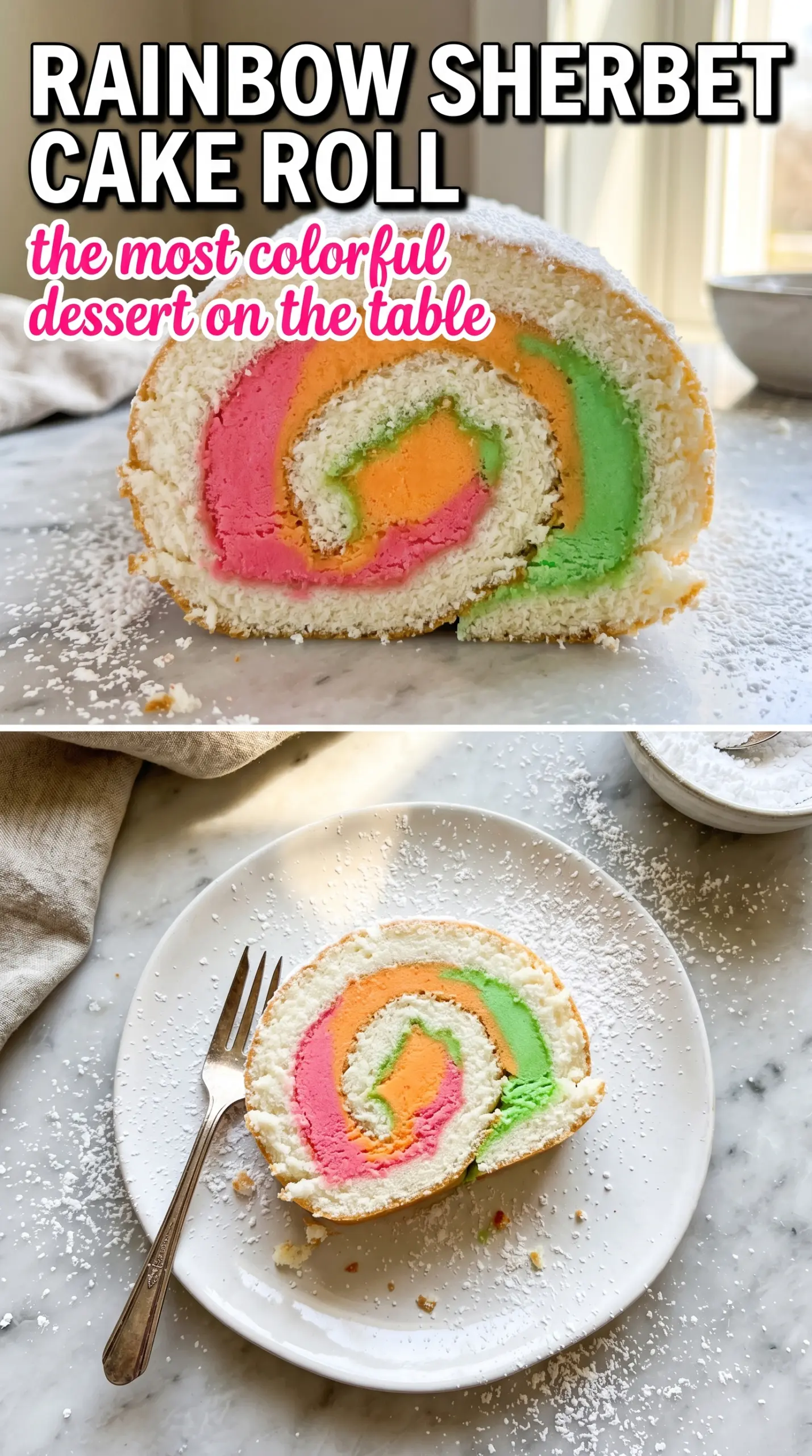Rainbow Sherbet Ice Cream Cake Roll colorful frozen swirl