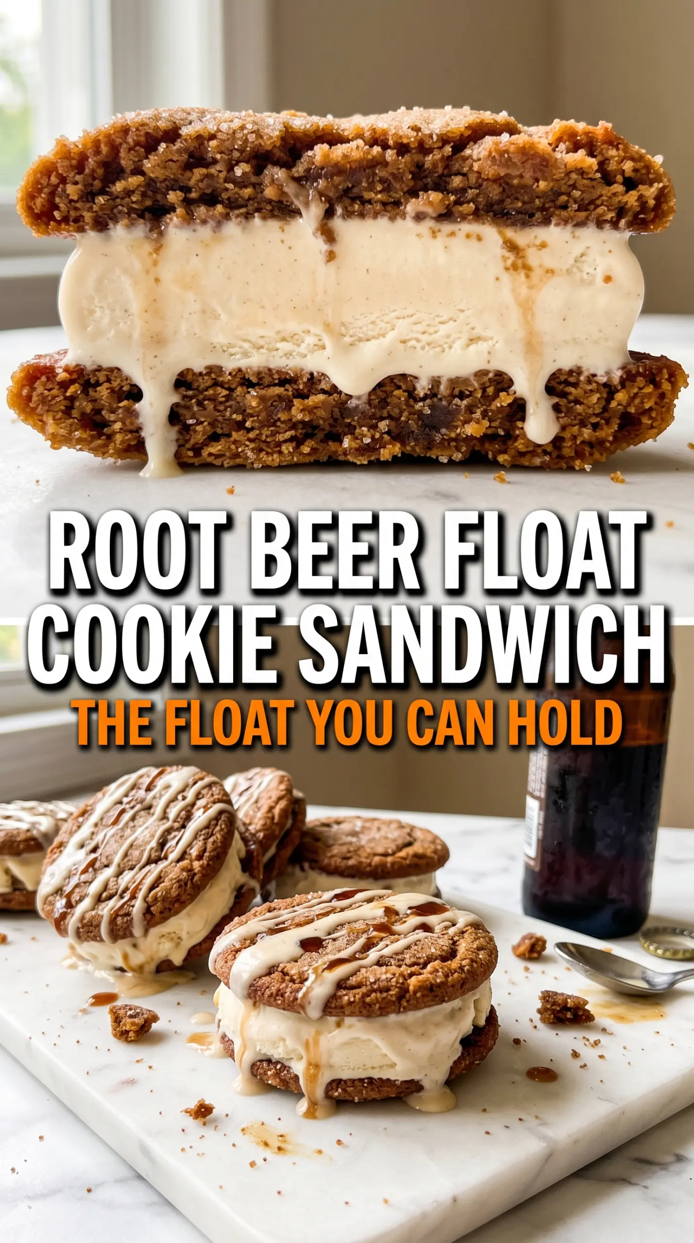 Root Beer Float Cookie Ice Cream Sandwiches, soft chewy frozen treat