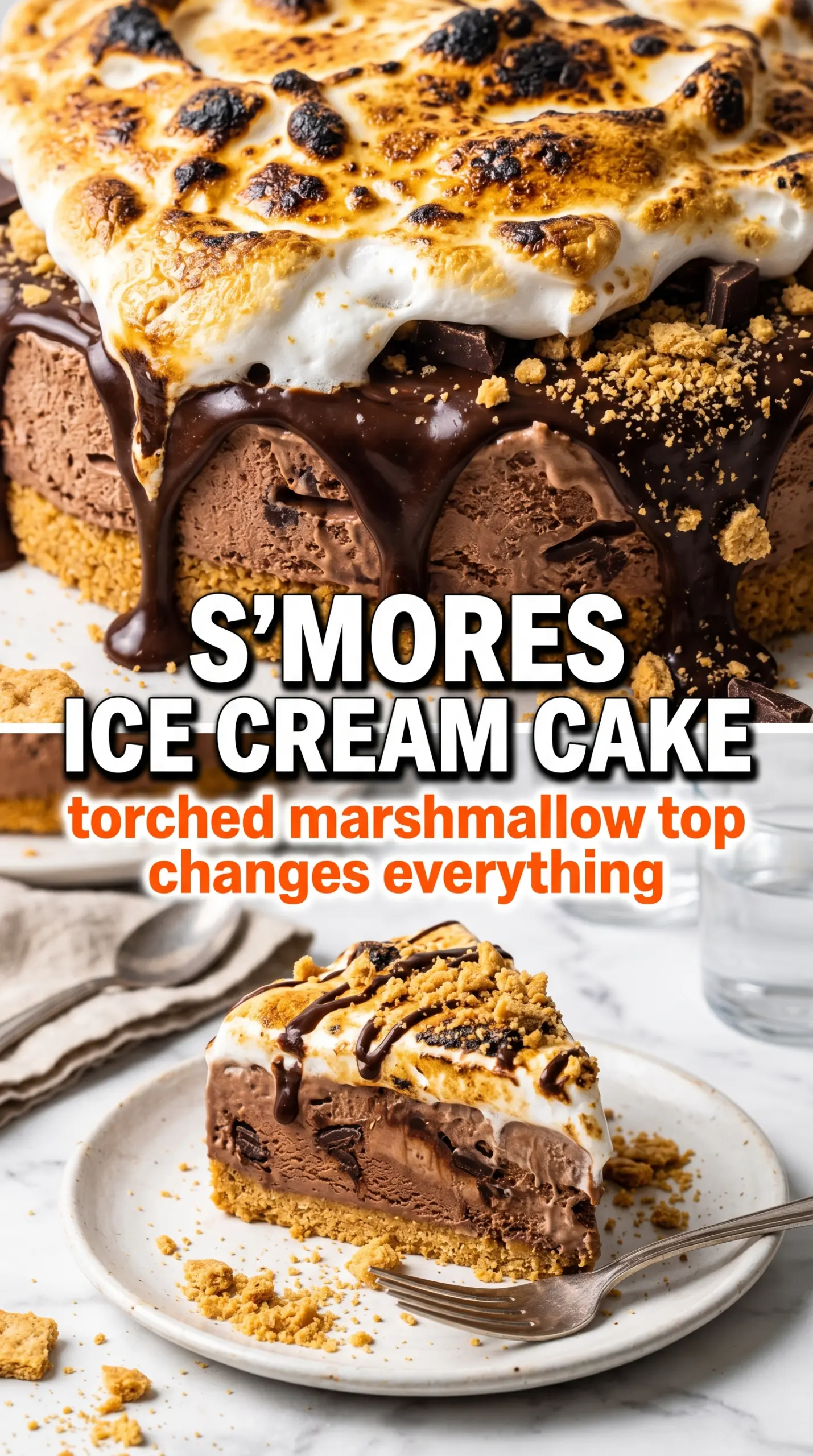S'mores Ice Cream Cake with torched marshmallow, chocolate, graham crust