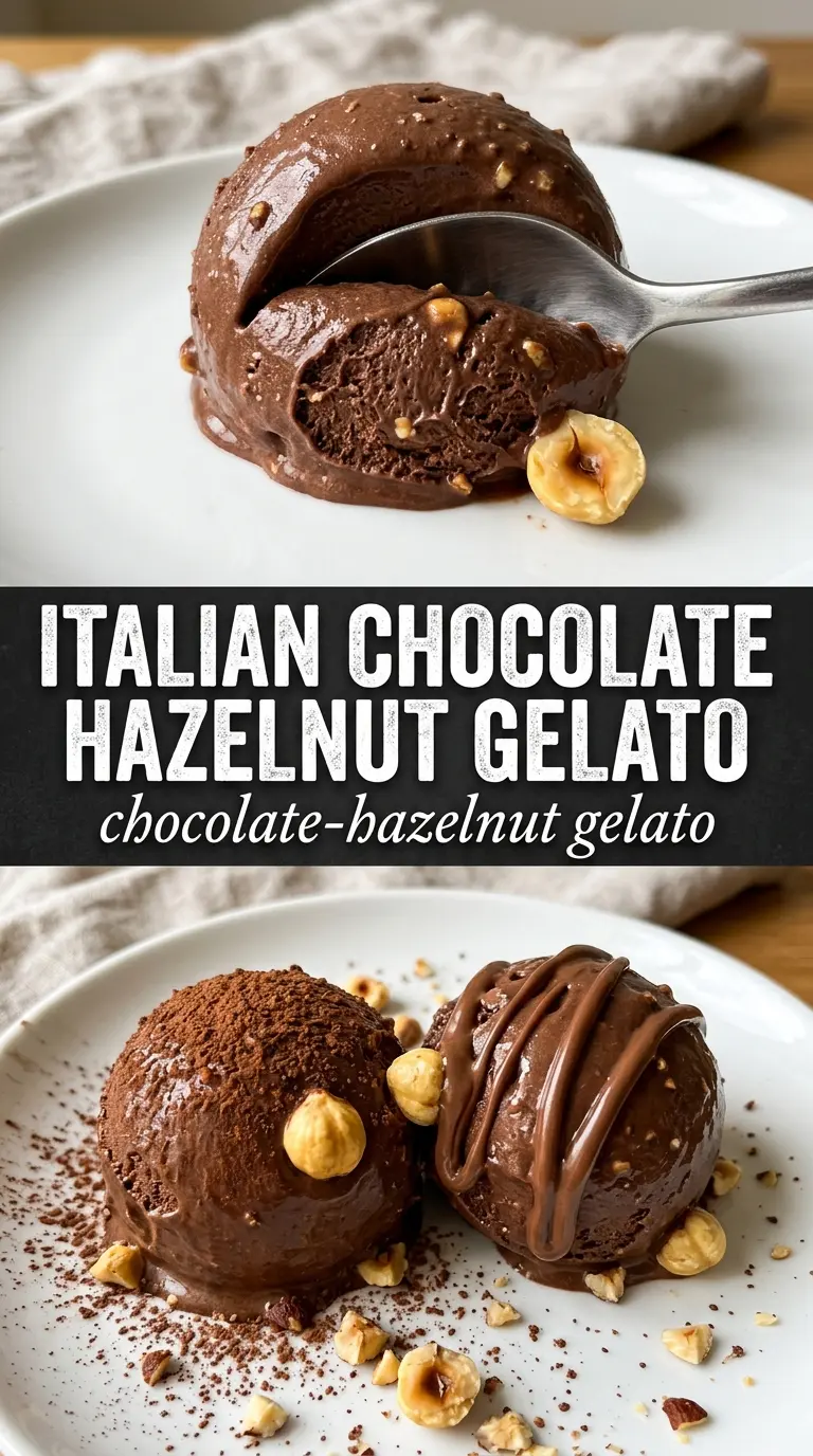 Chocolate-Hazelnut Gelato dark silky scoop with roasted hazelnut