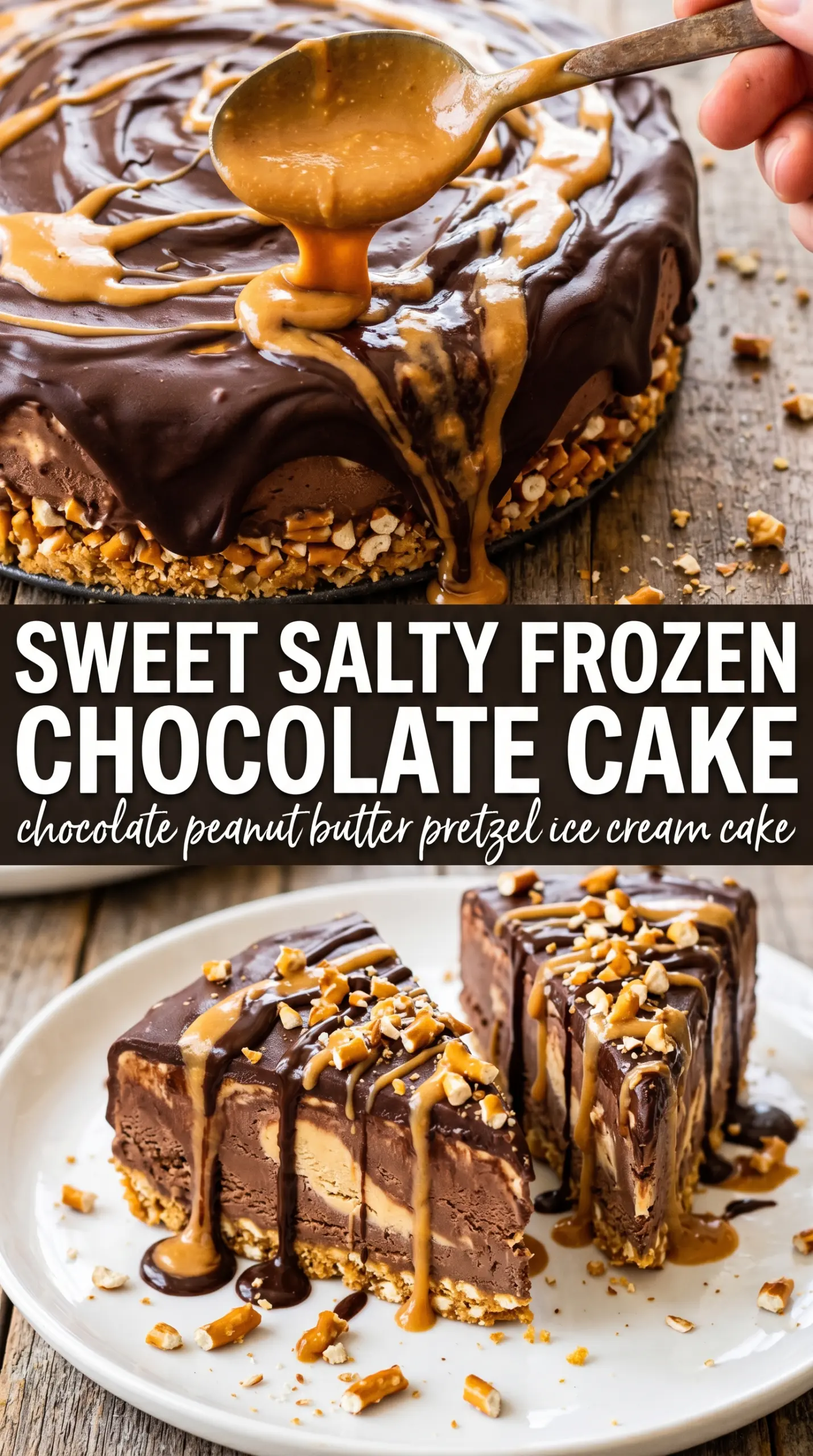 Chocolate Peanut Butter Pretzel Ice Cream Cake frozen dessert, salty-sweet, crunchy
