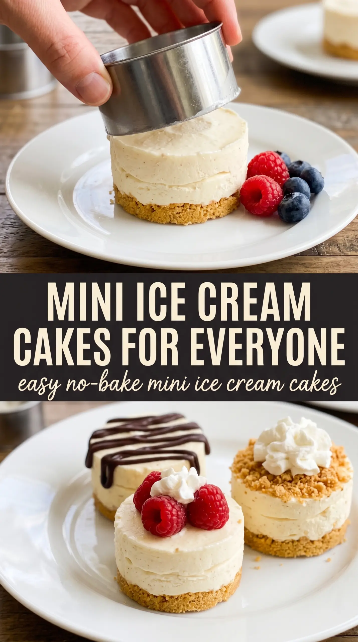 Easy No-Bake Mini Ice Cream Cakes with Oreo crust, creamy layers, sprinkles