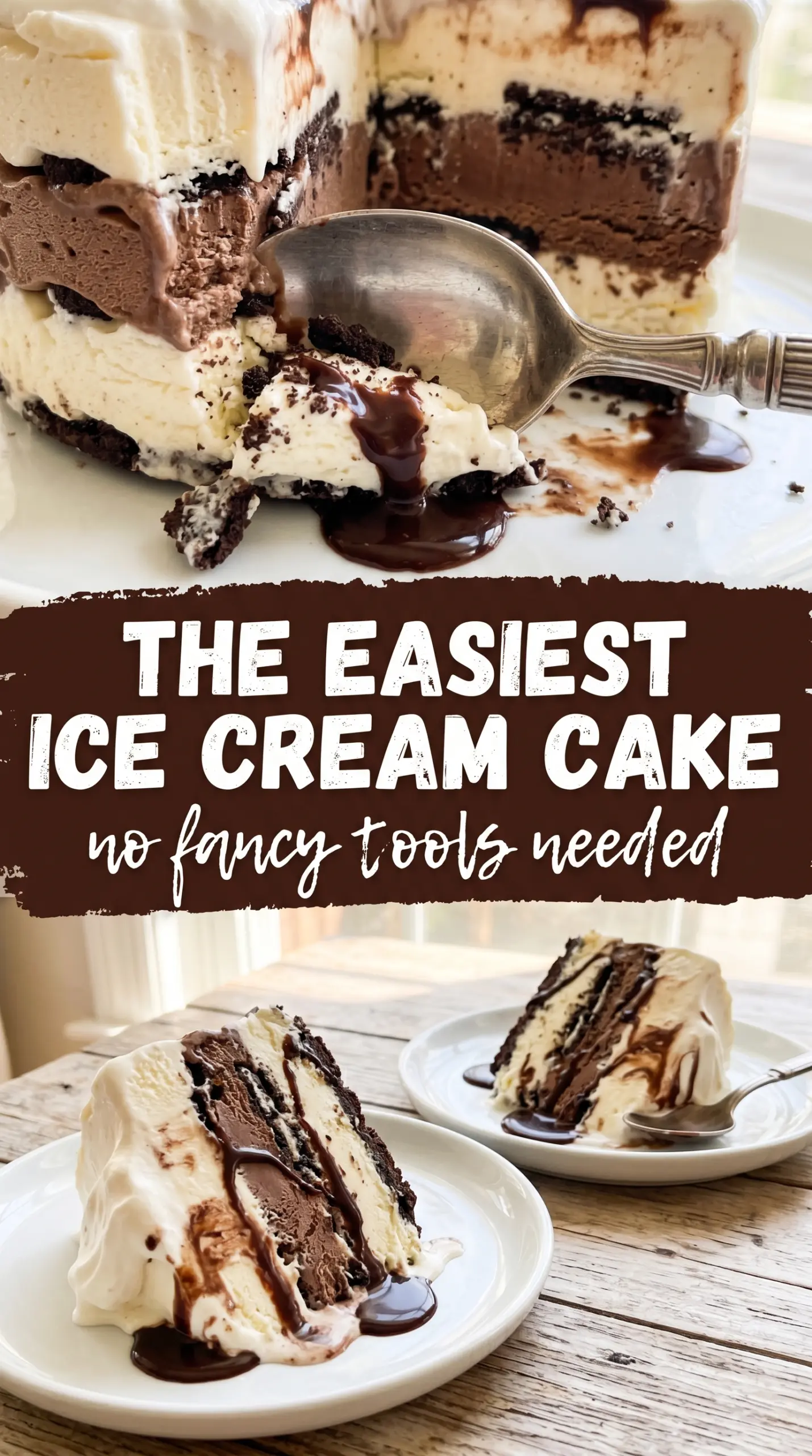 Ice cream cake layered dessert with Oreo crumble, fudge, and whipped cream