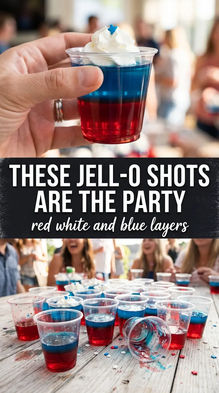 Jell-O shots red white and blue layered, patriotic, glossy