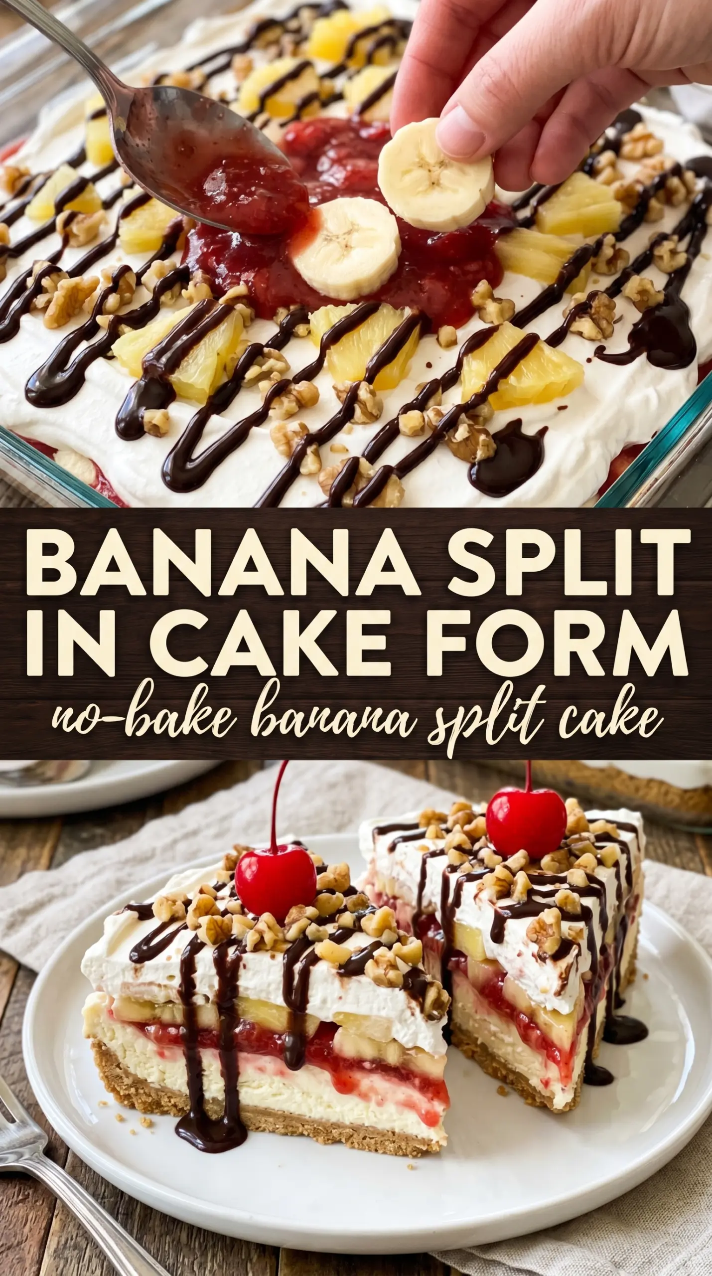 No-Bake Banana Split Cake, creamy layers, chilled dessert
