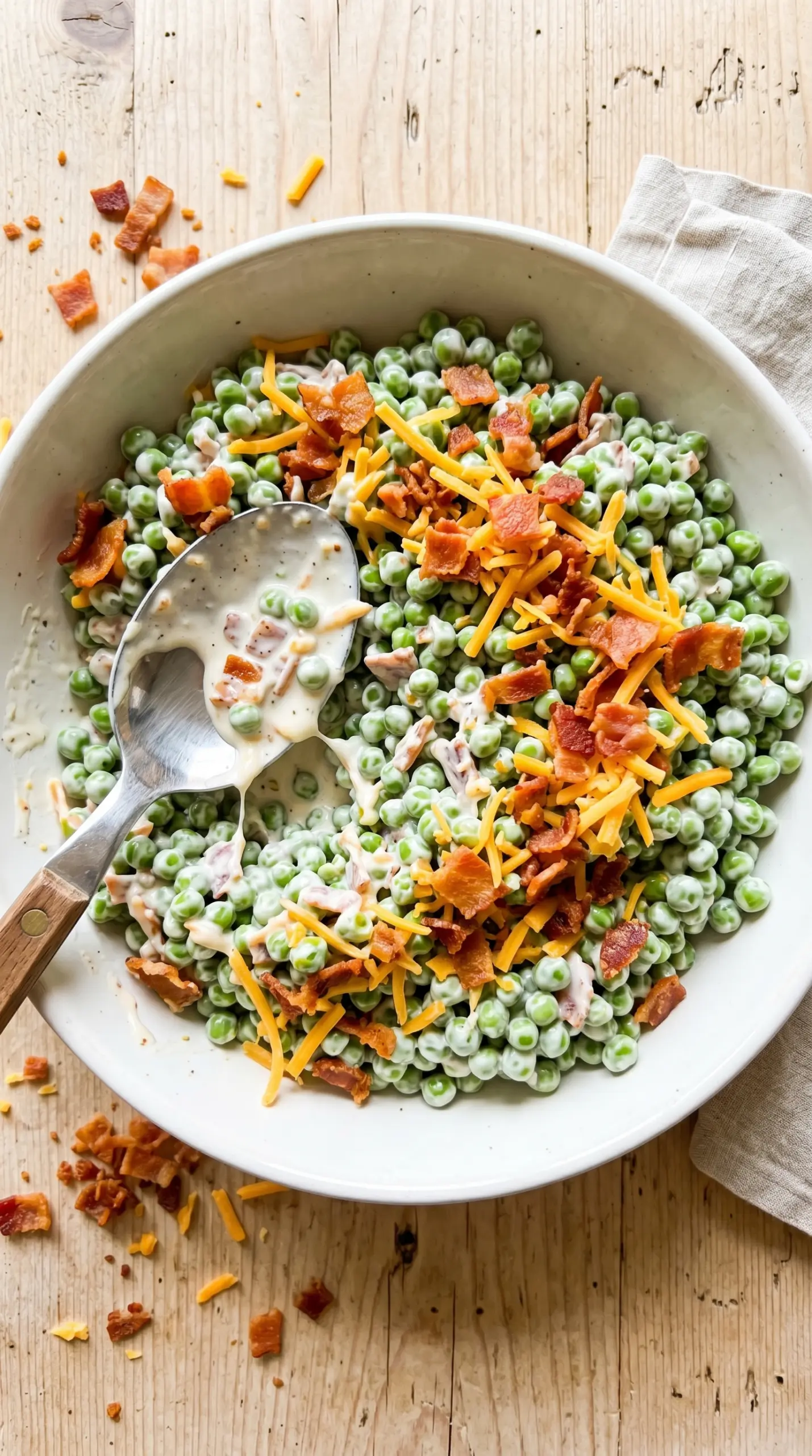 Creamy pea salad with bacon and cheddar, bright and tangy