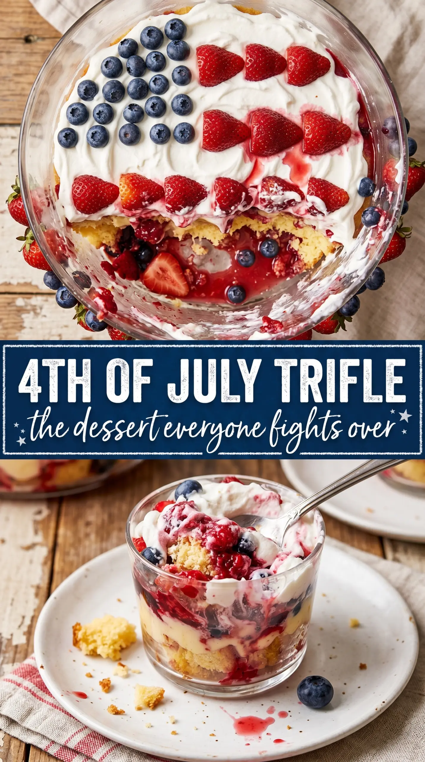 Red, White and Blueberry Trifle layered berries, whipped cream, cake