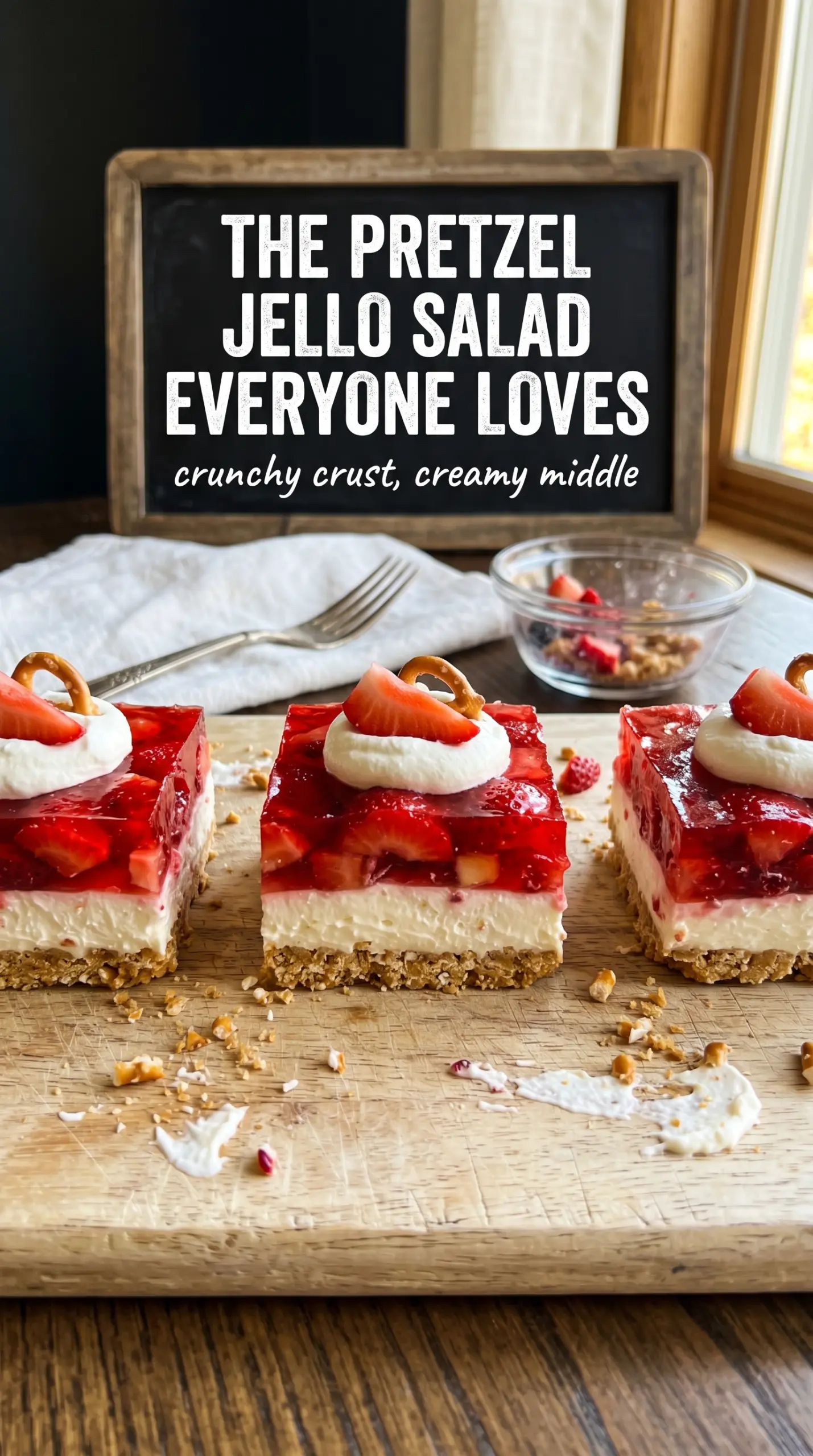 Strawberry Pretzel Jello Salad layered dessert, creamy, crisp, strawberry