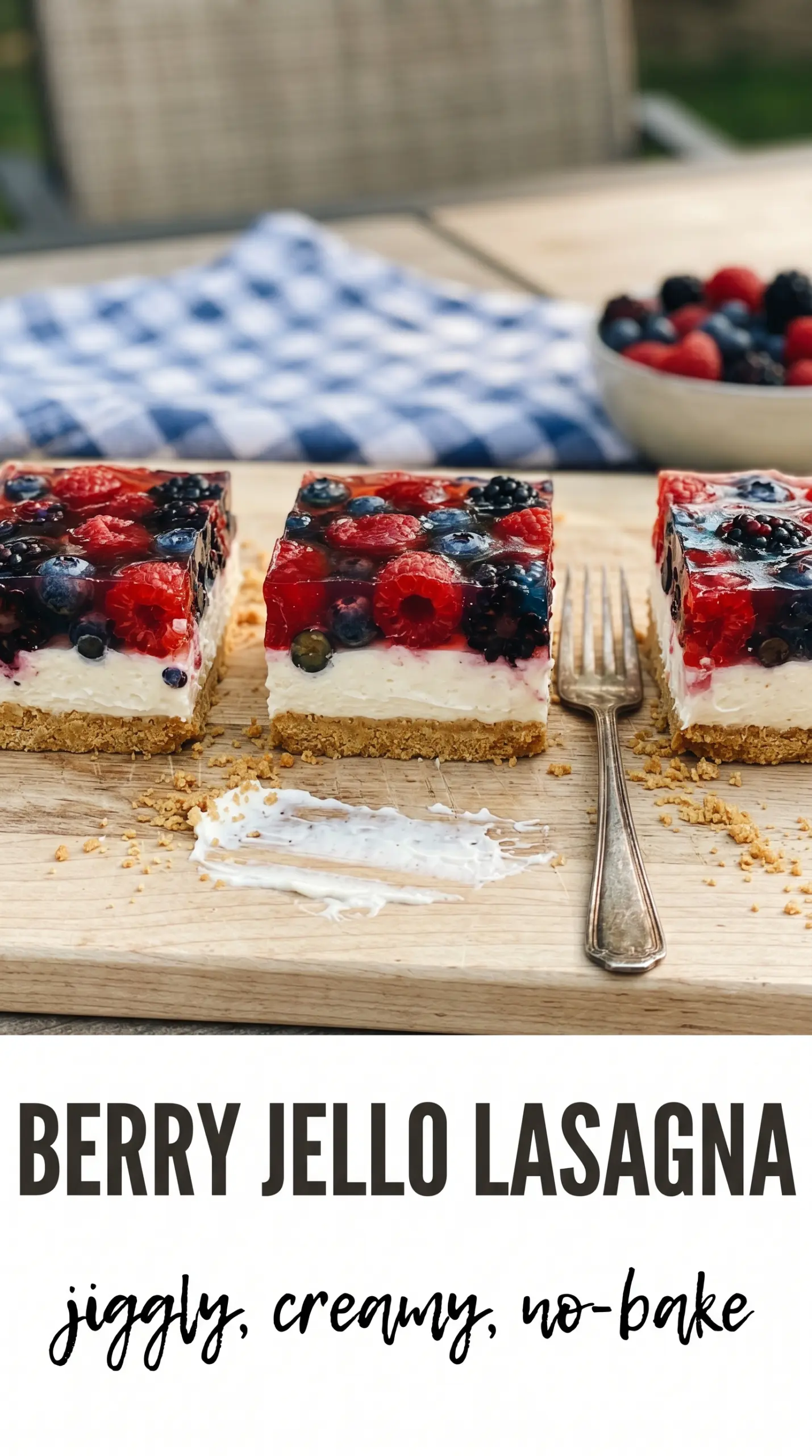 Summer Berry Jello Lasagna layered dessert, strawberry blueberry, no-bake