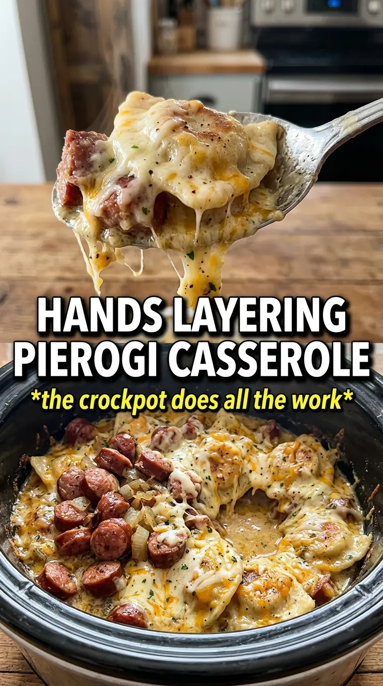 Crockpot Pierogi Casserole With Kielbasa creamy cheesy